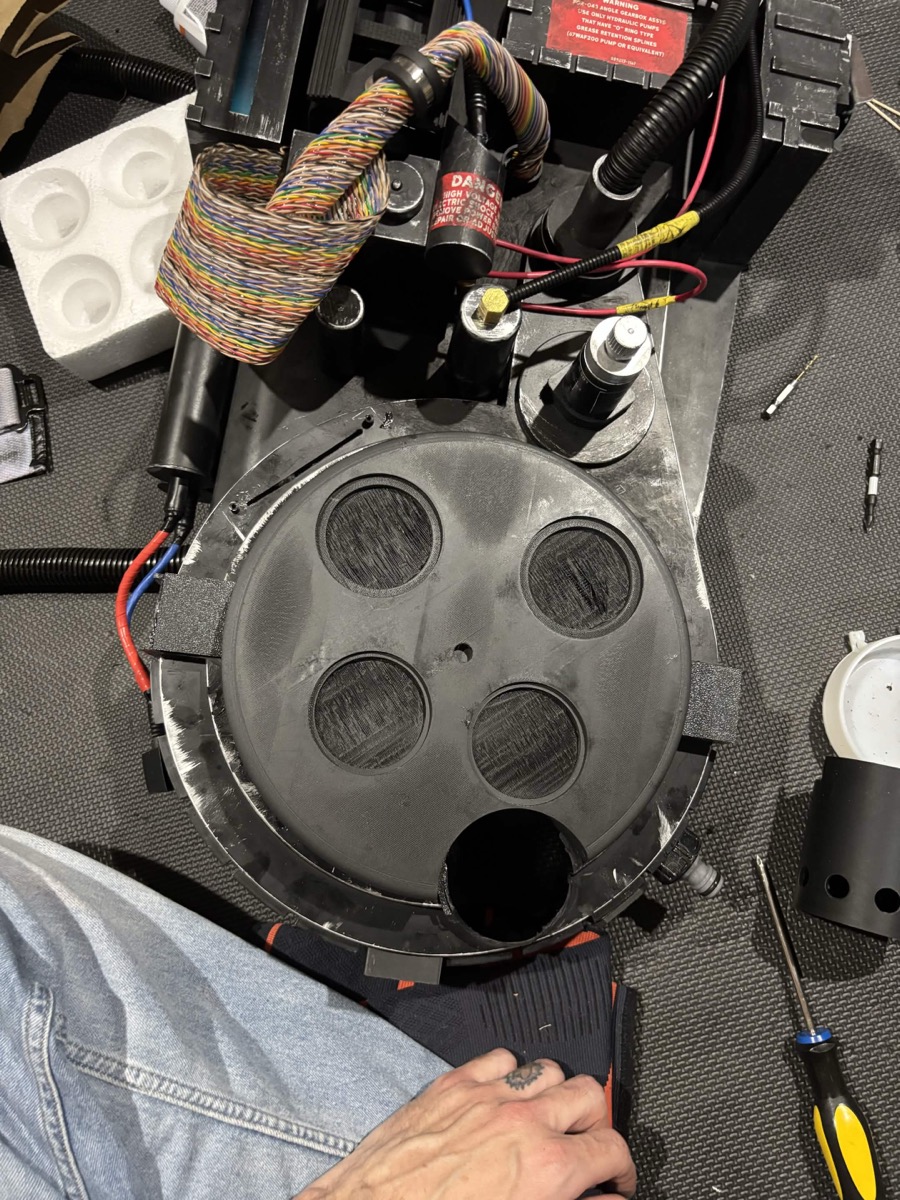 Overhead view of proton pack details and wire loom