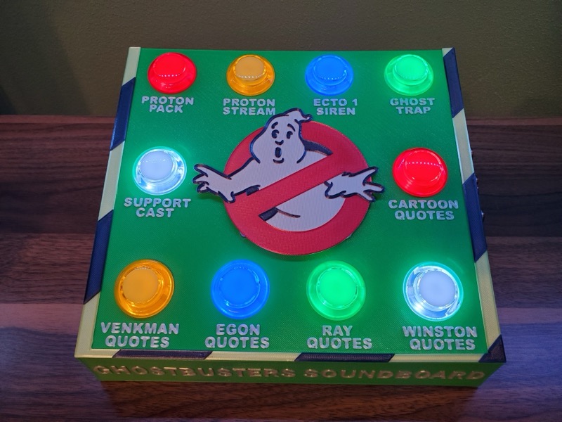 Custom Ghostbusters soundboard with illuminated buttons for character quotes and equipment sounds.