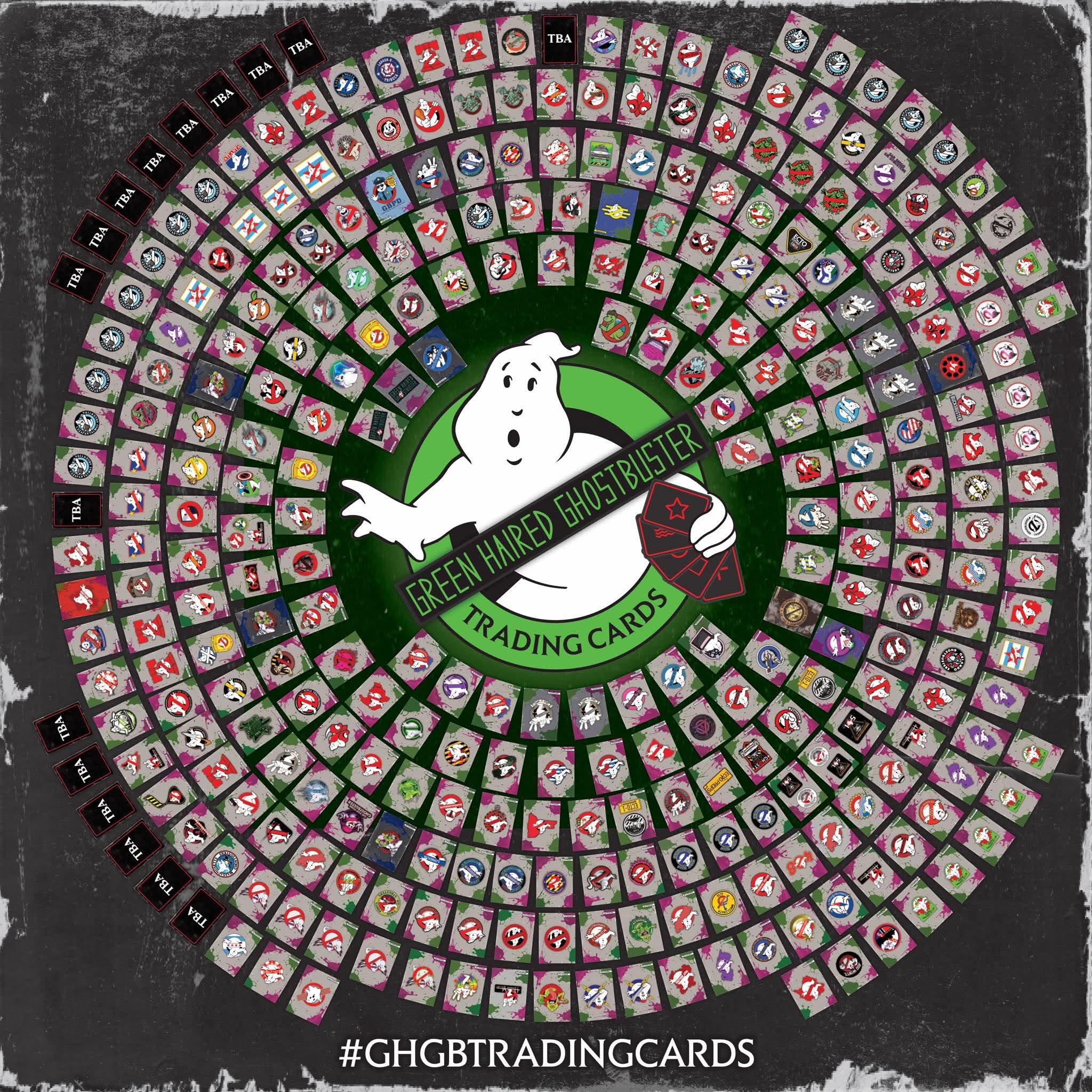 Green Haired Ghostbuster community trading cards arranged in a circular display